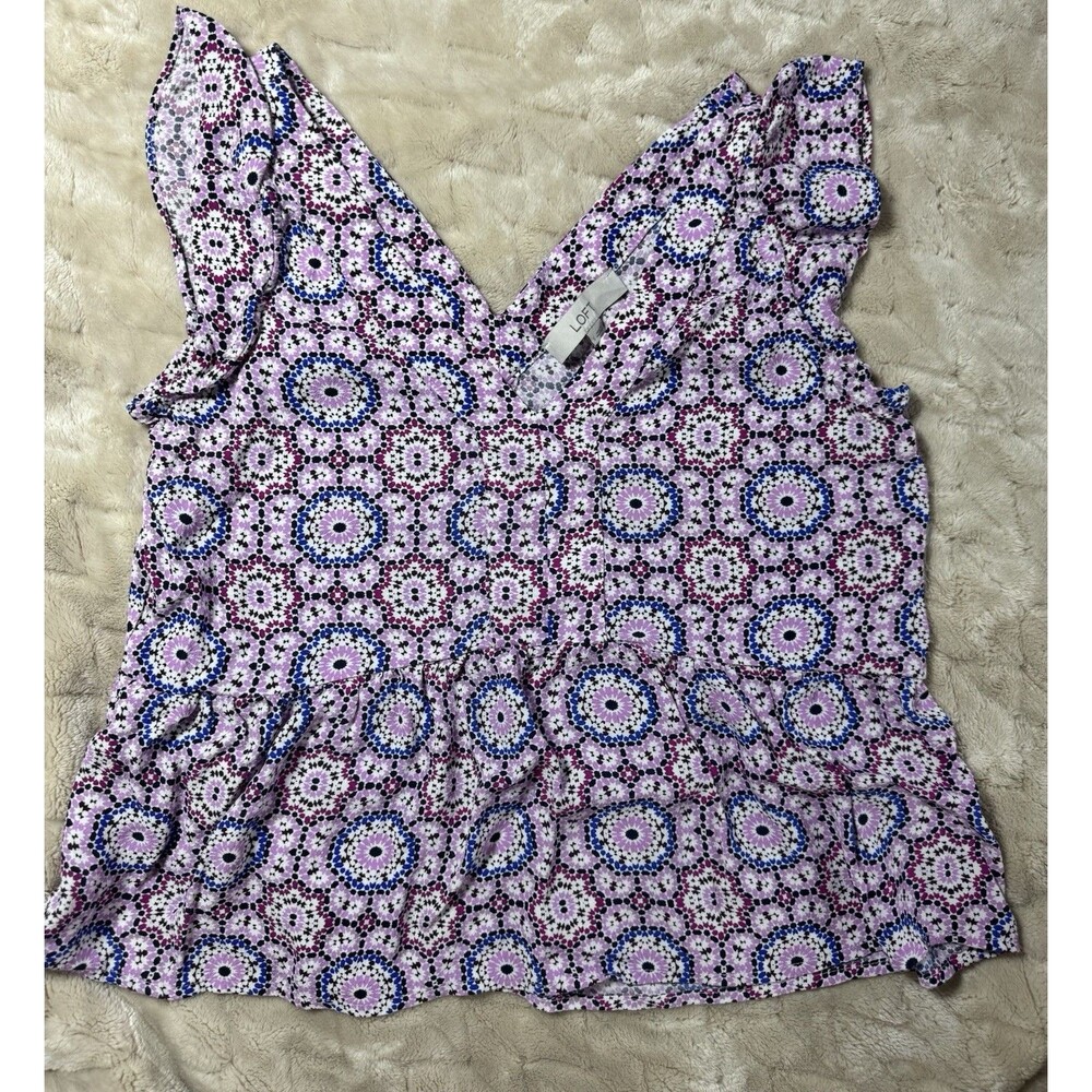 LOFT Top Women S Pink Blue Mosaic Medallion Flutter Sleeve V Neck Peplum Blouse